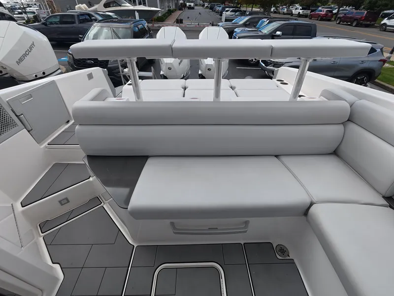 Slide: The Image of The image shows the cockpit of a 2021 Aviara AV32 OB with gray upholstery and modern details. - 7