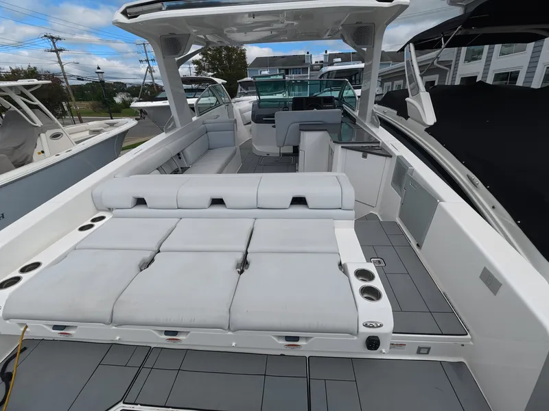 Slide: The Image of The image shows the cockpit of a 2021 Aviara AV32 OB with gray upholstery and modern fixtures. - 4