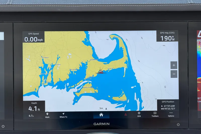 Slide: The Image of Garmin navigation display on Everglades 395 Center Console, 2026 model, showing Cape Cod map. - 53