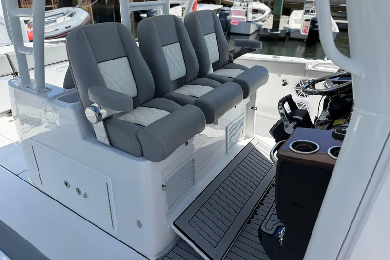 Slide: The Image of Luxury seating on 2026 Everglades 395 Center Console boat, featuring modern design and comfort. - 68