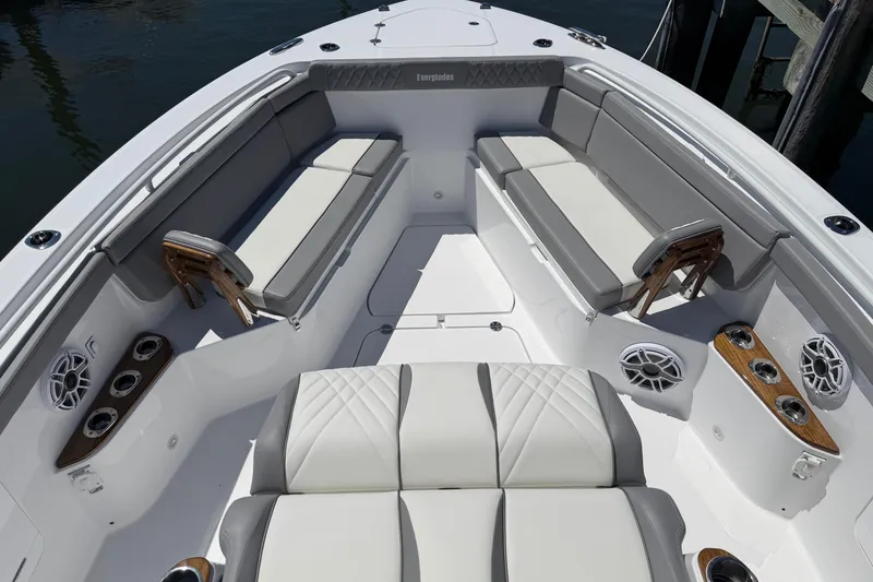 Slide: The Image of Luxurious seating area on 2026 Everglades 395 Center Console boat, featuring elegant design and amenities. - 80