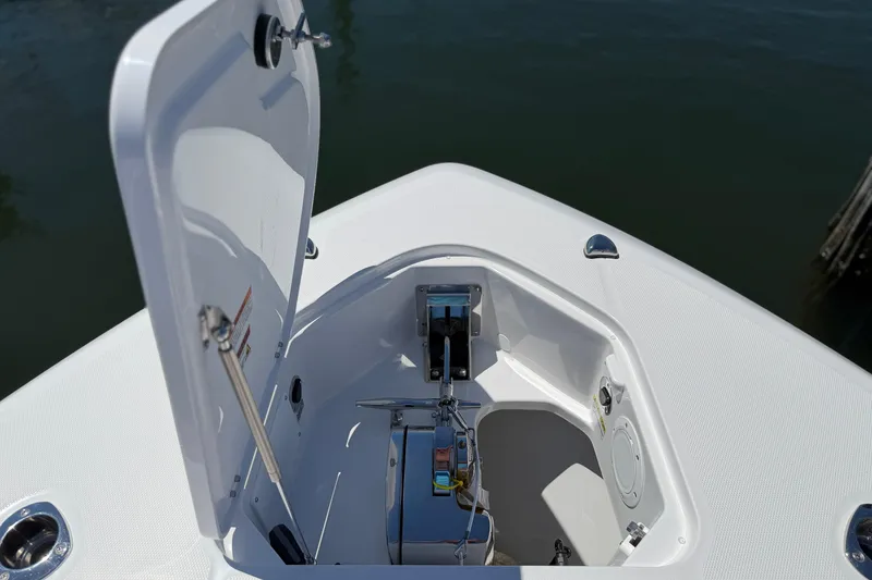 Slide: The Image of Open anchor compartment of 2026 Everglades 395 Center Console boat. - 88