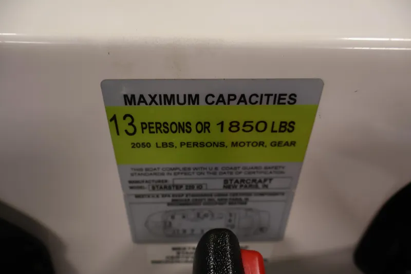 Slide: The Image of 2015 Starcraft Star Step 220 I/O boat capacity label, max 13 persons or 1850 lbs. - 27