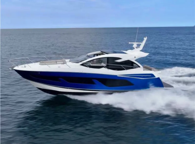 Slide: The Image of 2019 Sunseeker Predator 50 yacht cruising on the ocean. - 2