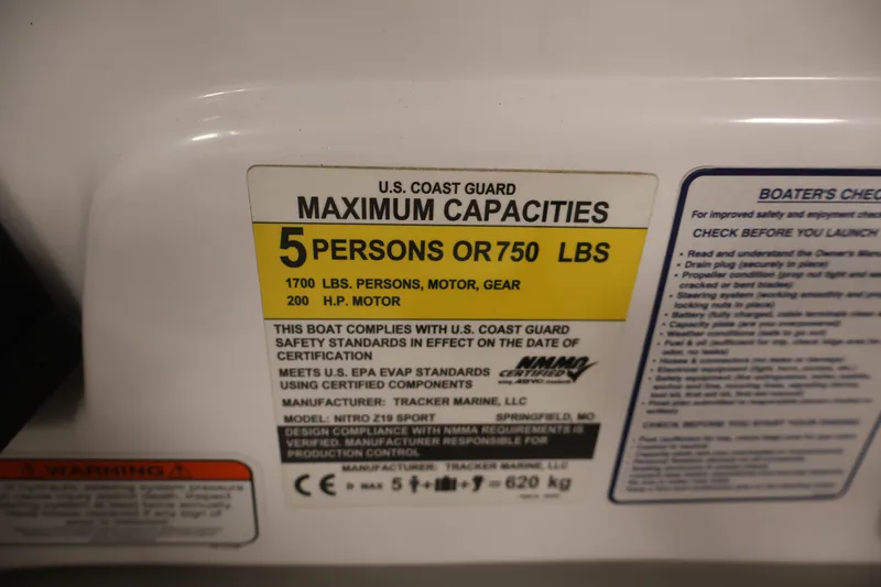 Slide: The Image of 2019 Nitro Z19 Sport boat capacity label, 5 persons or 750 lbs, 200 HP motor. - 30