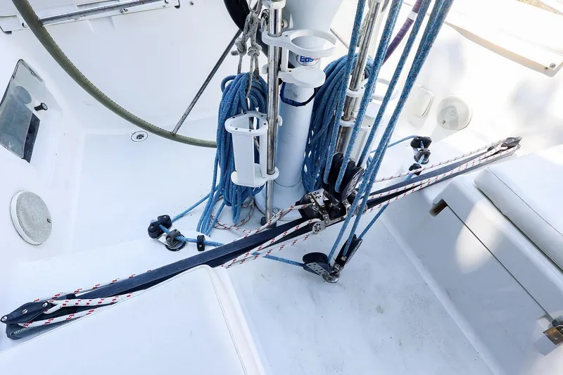 Slide: The Image of Cockpit of 2001 J Boats J/32 sailboat with rigging and ropes. - 9