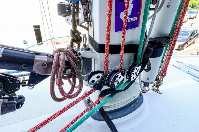 Slide: The Image of Close-up of rigging and pulleys on a 2001 J Boats J/32 sailboat mast. - 19