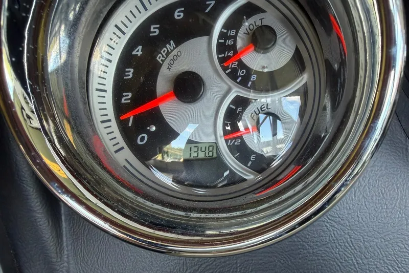 Slide: The Image of Close-up of 2017 Avalon Catalina Platinum 2585 dashboard gauges showing RPM, voltage, and fuel levels. - 33