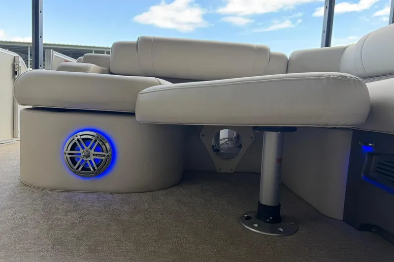 Slide: The Image of Luxurious seating on 2017 Avalon Catalina Platinum 2585 boat with blue LED speaker. - 41