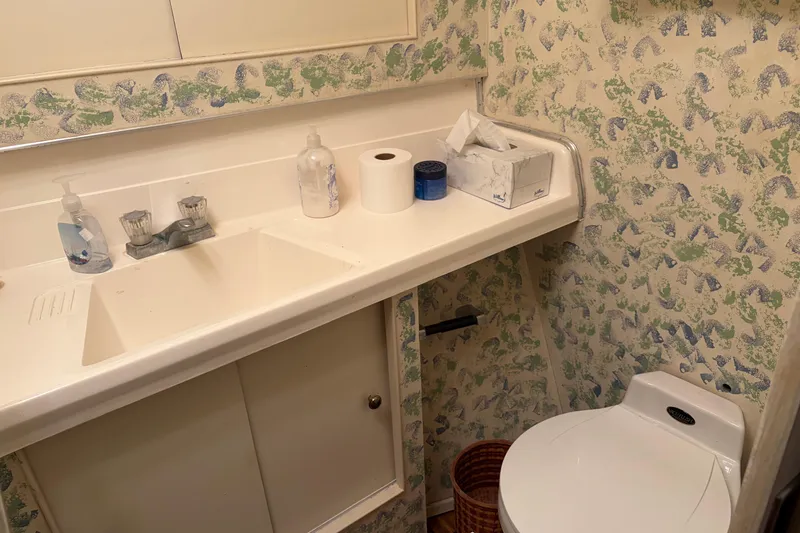 Slide: The Image of Bathroom interior of 1971 Chris-Craft 42 Commander with sink, toilet, and patterned wallpaper. - 22