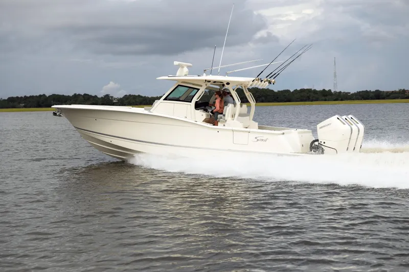 Slide: The Image of Scout 357 LXF 2027: Sleek design, powerful engines, perfect for offshore fishing and leisure on the water. - 2