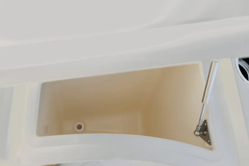 Slide: The Image of An open storage compartment on a boat with a hydraulic arm. - 28
