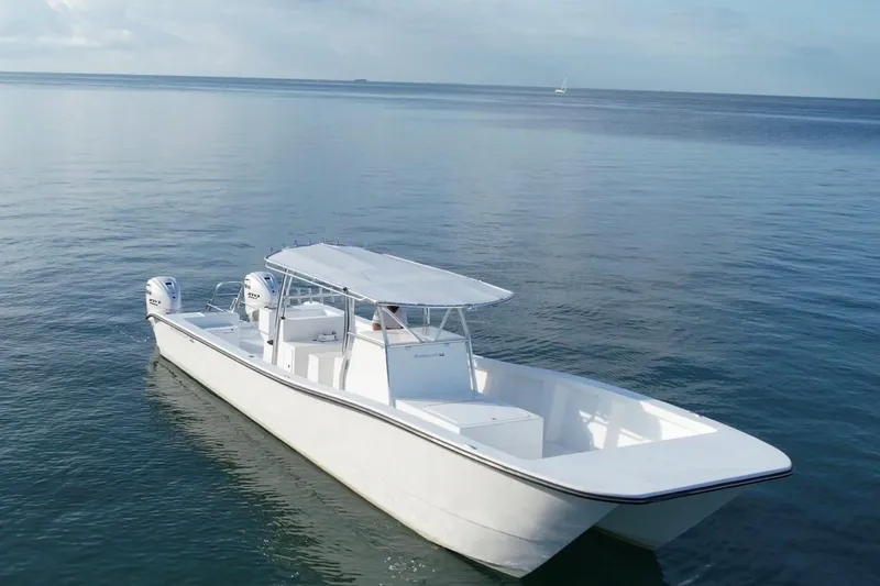Slide: The Image of 2025 AmeraCat 39 boat on calm ocean waters, featuring dual engines and sleek design. - 5