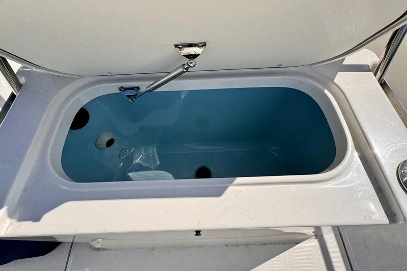 Slide: The Image of Livewell compartment on a 2022 Boston Whaler 220 Dauntless boat, open lid view. - 10