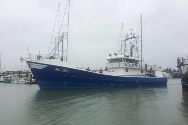 The Image of Custom 1995 Steel Albacore Tuna Vessel in harbor, overcast sky, named "DALENA". - 0