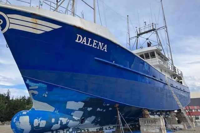 Slide: The Image of Blue steel albacore tuna vessel "Dalena" from 1995, docked for maintenance. - 10