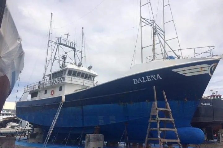 Slide: The Image of Custom 1995 Steel Albacore Tuna Vessel "Dalena" in dry dock for maintenance. - 12
