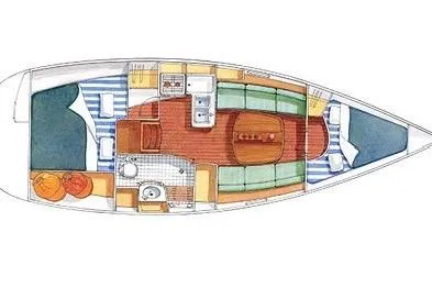 Slide: The Image of Floor plan of a 2006 Beneteau 323 sailboat, featuring cabin, galley, and seating areas. - 1