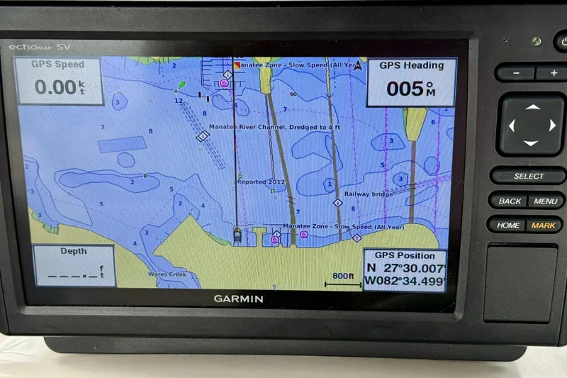 Slide: The Image of Garmin GPS display showing Manatee River navigation map on a Silverton 351 Sedan, 2000 model. - 22