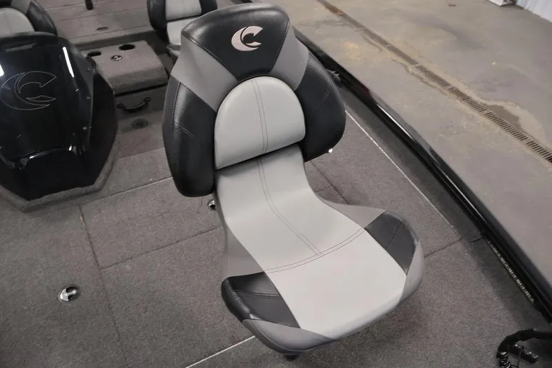 Slide: The Image of 2024 Crestliner XFC 179 boat seat, featuring sleek black and gray design. - 27