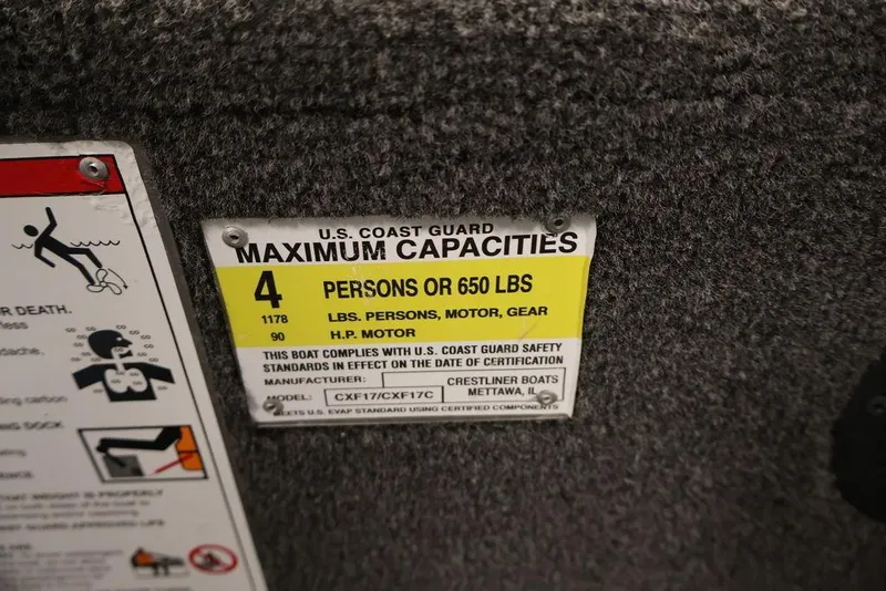 Slide: The Image of 2024 Crestliner XFC 179 capacity label: 4 persons or 650 lbs, 90 HP motor. - 33