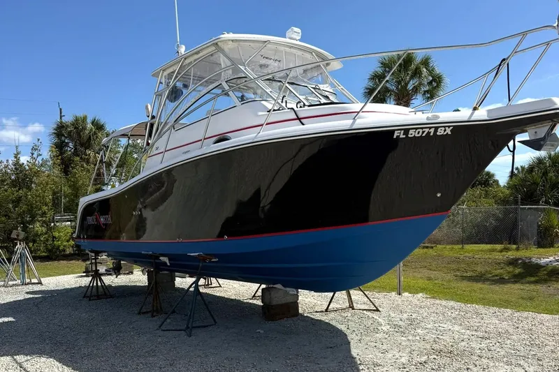 Slide: The Image of 2006 Pro-Line 32 Express boat on stands, black and blue hull, sunny day. - 2