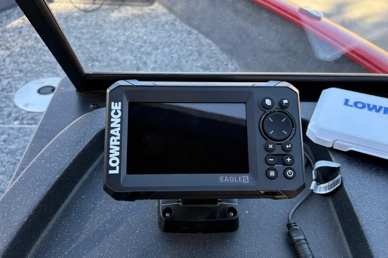 Slide: The Image of Lowrance Eagle 5 fish finder on 2026 Tracker Pro Guide V-175 WT boat dashboard. - 23