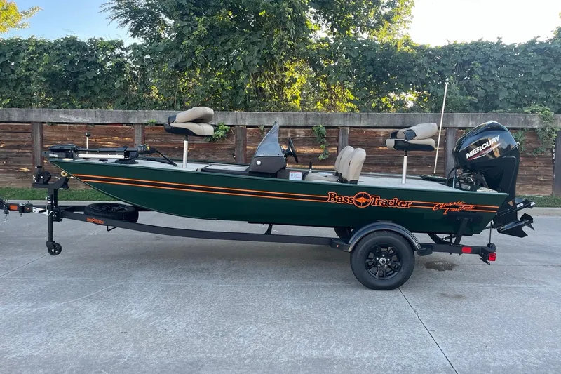 The Image of 2026 Tracker Bass Tracker Classic Limited boat on trailer, parked outdoors. - 0
