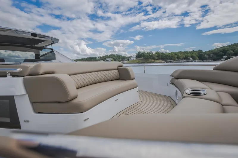 Slide: The Image of Luxurious seating on 2022 Steeler Bronson 50 yacht with scenic water view. - 27