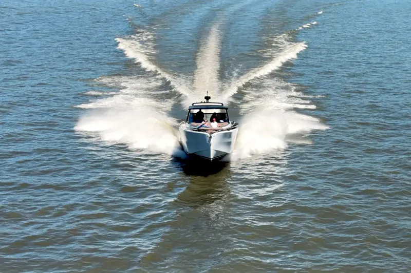 Slide: The Image of A 2022 Steeler Bronzon 50 yacht cruising swiftly on open water. - 3