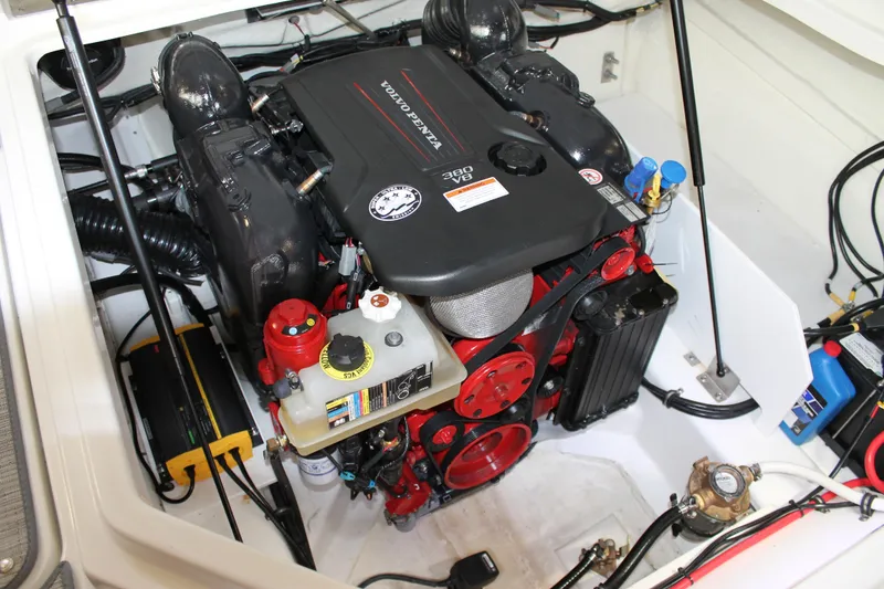 Slide: The Image of Engine compartment of 2023 Cobalt R8 boat featuring a Volvo Penta V8 engine. - 33