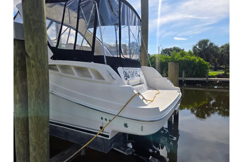 Slide: The Image of 2010 Sea Ray Sundancer 330 docked, featuring sleek design and clear canopy under sunny skies. - 31