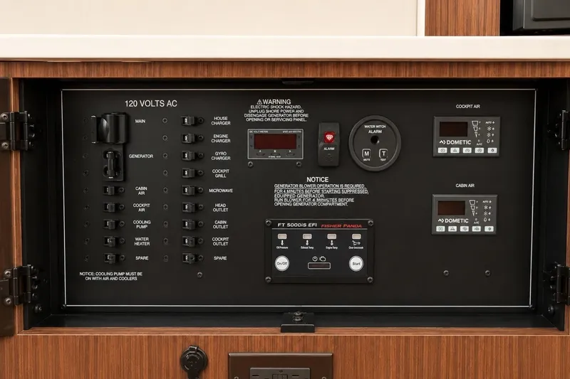 Slide: The Image of Electrical control panel of 2022 Pursuit S 358 Sport boat, featuring various switches and controls. - 17