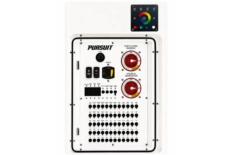 Slide: The Image of Control panel of 2022 Pursuit S 358 Sport boat with switches and dials. - 18
