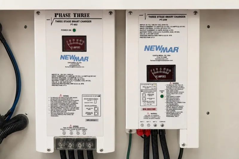 Slide: The Image of Newmar three-stage smart chargers on a 2022 Pursuit S 358 Sport boat. - 23