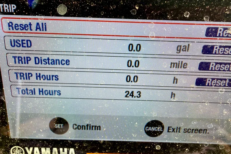 Slide: The Image of Dashboard display of a 2015 Blazer Bay 2200 Fisherman showing trip and total hours. - 7