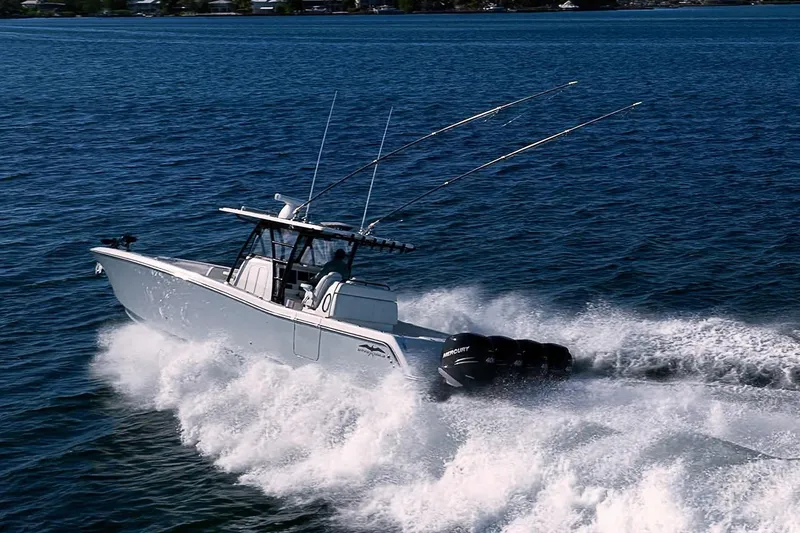 Slide: The Image of 2022 Invincible 39 Open Fisherman speeding on the ocean with powerful outboard engines. - 31