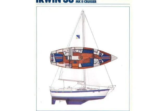 Slide: The Image of 1988 Irwin 38-2 sailboat layout and side view, showcasing interior and exterior design. - 54