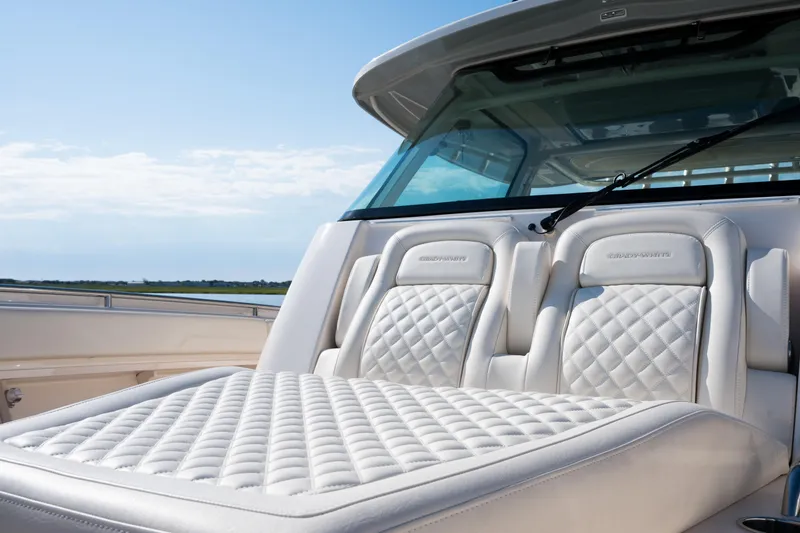 Slide: The Image of Luxurious seating on the 2025 Grady-White Canyon 386 boat, featuring elegant quilted upholstery. - 20