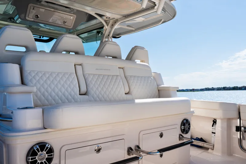 Slide: The Image of Luxurious seating on the 2025 Grady-White Canyon 386 boat, featuring elegant design and waterfront view. - 39