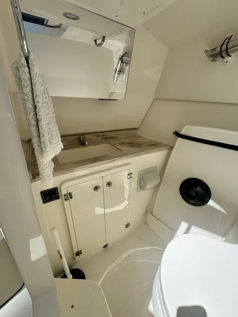 Slide: The Image of Interior of 2021 Pursuit 326 DC with sink and toilet. - 29