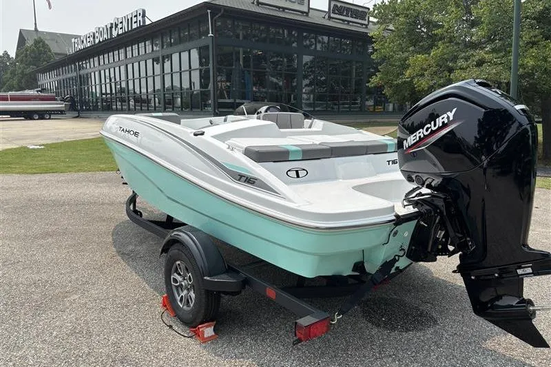 Slide: The Image of 2026 Tahoe T16 boat with Mercury engine on trailer at Tracker Boat Center. - 5