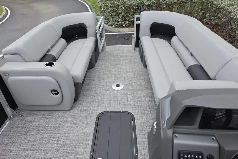 Slide: The Image of 2026 Sun Tracker SportFish 22 XP3 interior with gray seating and modern design. - 11