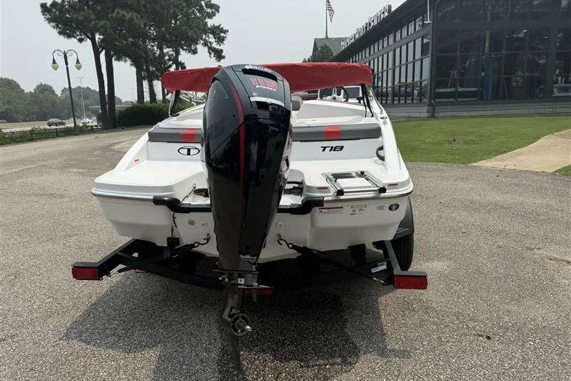 Slide: The Image of 2026 Tahoe T18 boat with outboard motor on a trailer, parked outdoors. - 4