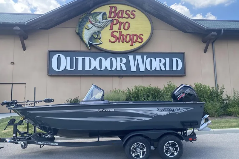 The Image of 2026 Ranger VX1788 WT boat displayed outside Bass Pro Shops Outdoor World. - 0