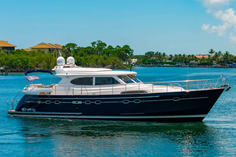 Slide: The Image of A luxurious 2020 Elling E6 yacht on calm water with a blue sky. - 2