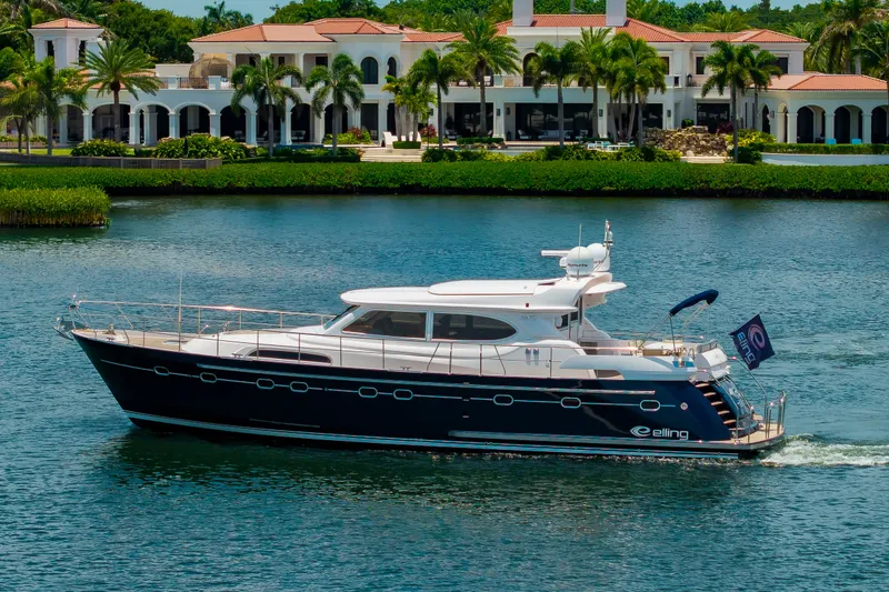 The Image of A luxury motor yacht cruises on calm waters in front of a villa with palm trees. - 0