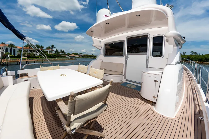 Slide: The Image of The image shows the deck of a 2020 Elling E6 yacht with a table and chairs. - 11
