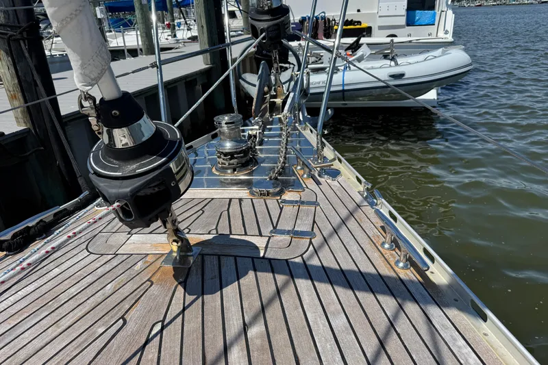 Slide: The Image of Deck of 2007 Hylas H49 yacht with winches and rigging at marina. - 59