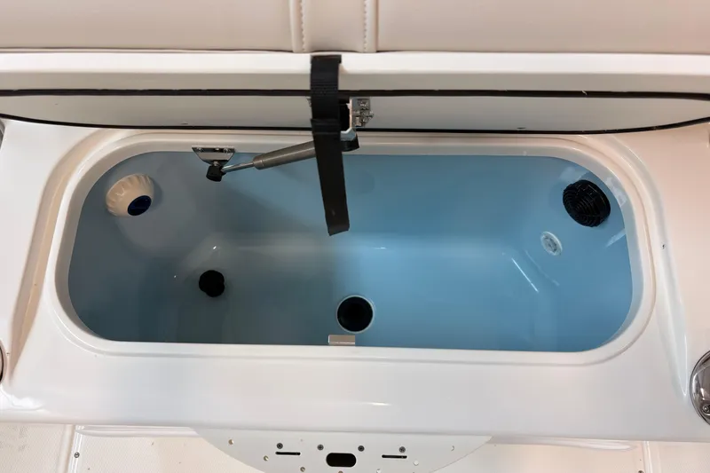 Slide: The Image of Livewell compartment in a 2026 Boston Whaler 210 Montauk boat, featuring a blue interior. - 14
